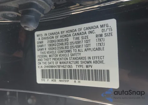 2015 Honda Cr-V Ex-L z USA, uszkodzony, nr VIN 2HKRM4H78FH621065